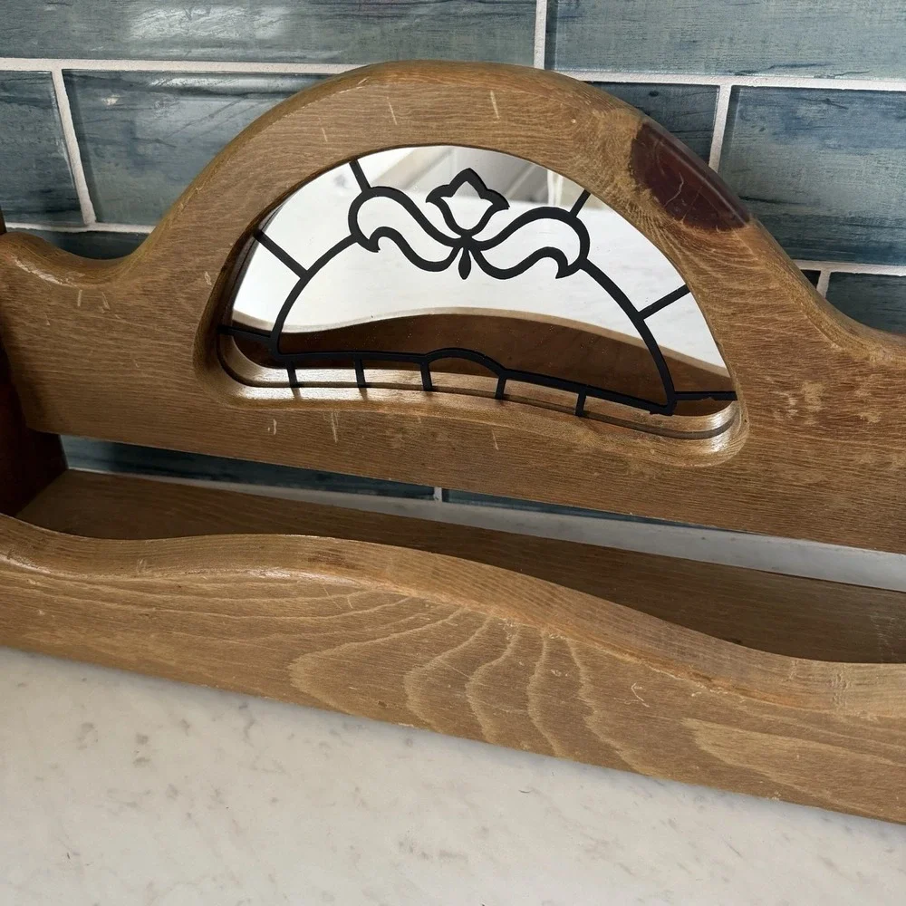 VTG Wooden Juice Glass Shelf Mirror Cottage‎ Core Wall Hanging Farmhouse Prairie